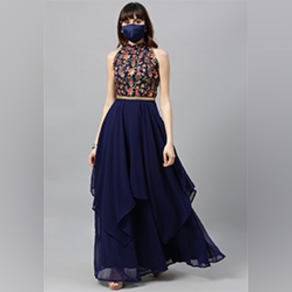 Cbazaar navy blue georgette gown with embroidered halter top NEVER WORN - Picture 3 of 4